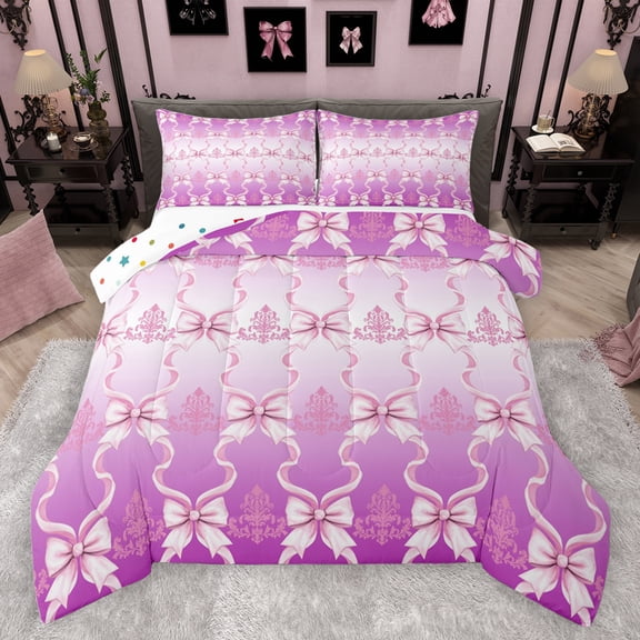 jejeloiu Cute Bow Ribbon Queen Comforter Set,Cartoon Bow Knot Bedding Sets,White Pink Ombre Bedding Comforter Set For Girls Kids,Ultra Soft Home Decor Reversible,3 Pieces
