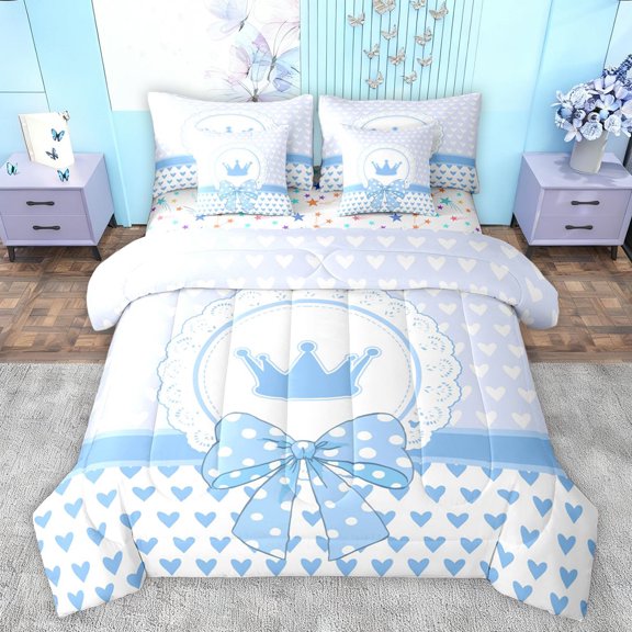 jejeloiu Cute Bow Tie 7-Piece Bedding Comforter Set,Kawaii Crown Loves King Bedding Sets,White Blue Bed Sheets For Girl Kids,Ultra Soft Home Decor Reversible