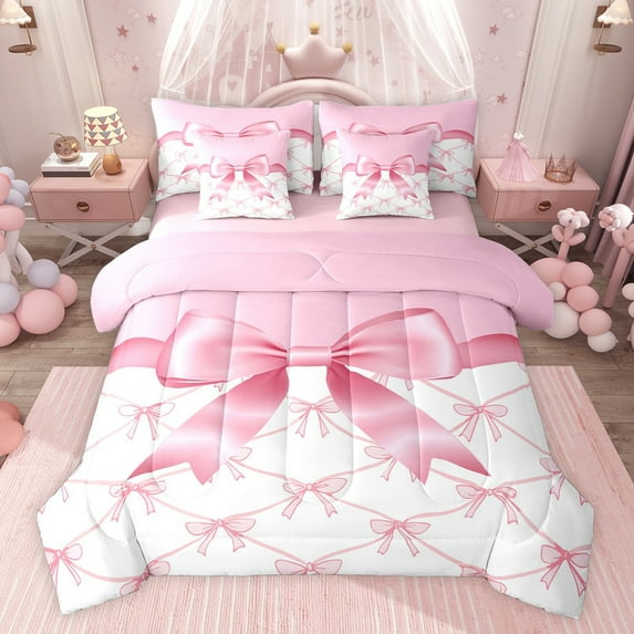 jejeloiu Cute Bow Tie 7-Piece Twin Bedding Sets,Pink Bowknot Pattern Bedding Comforter Set For Kids Reversible