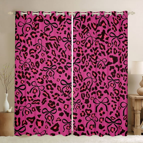jejeloiu Cute Bow Tie Blackout Curtains Set of 2 (52x84 Each),Cartoon Cheetah Pattern Window Curtains,Pink Black Leopard Curtains and Drapes For Adults,Ultra Soft Home Decor