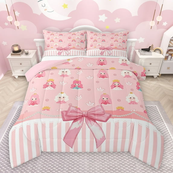 jejeloiu Cute Bow Tie Full Size Comforter Sets,Kawaii Princess Crown Bedding Comforter Set,Pink Bowknot Geometric Line Bedding Sets For Girl Kids,Ultra Soft Home Decor Reversible,3 Pieces