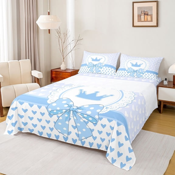 jejeloiu Cute Bow Tie Full Size Sheets,Kawaii Crown Loves Bed Sheets,White Blue Sheet Sets For Girl Kids,Ultra Soft Home Decor,4pcs