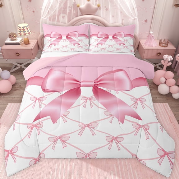 jejeloiu Cute Bow Tie Twin Comforter Sets,Pink Bowknot Pattern Bedding Set For Kids Reversible 2 Pieces