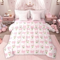 jejeloiu Cute Bowknot 7-Piece Twin Bedding Sets,Pink Tulip Floral Bedding Comforter Set For Girls Kids Reversible