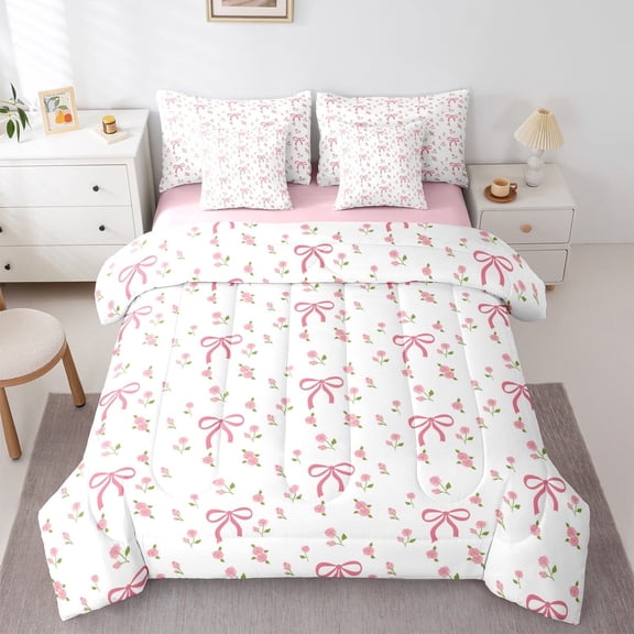 jejeloiu Cute Bowknot Bedding Comforter Set 7 Pieces,Ribbon Bow Flower Full Bedding Set,Pink White Fitted Sheet Flat Sheet For Girls,Super Cozy Bedroom Decor Reversible