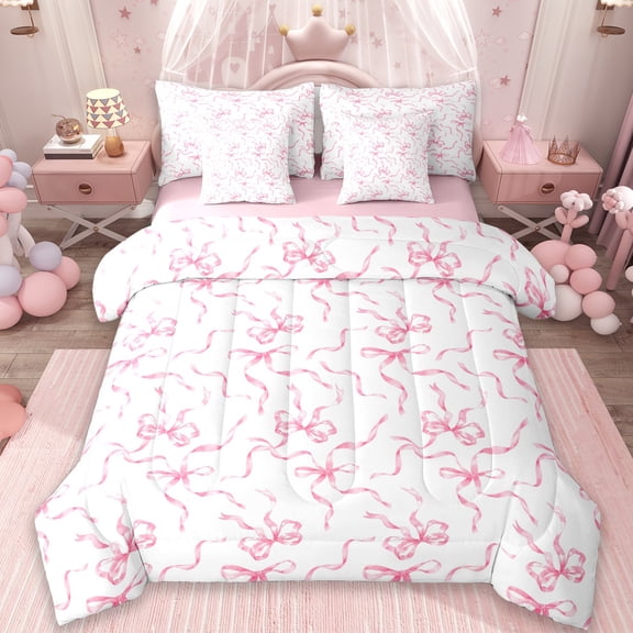 jejeloiu Cute Bowknot Bedding Comforter Set 7 Pieces,Ribbon Bow Full Bedding Set,Pink White Fitted Sheet Flat Sheet For Girls,Super Cozy Bedroom Decor Reversible
