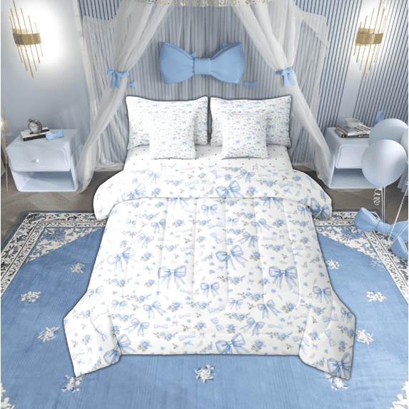 jejeloiu Cute Bowknot Bedding Comforter Set 7pcs,Ribbon Bow Queen Bedding Sets,Blue Cartoon Flower Queen Sheet Sets For Girls,Super Cozy Bedroom Decor Reversible