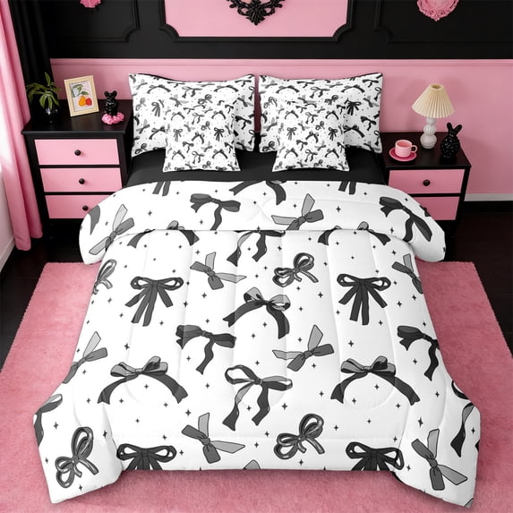 jejeloiu Cute Bowknot Bedding Comforter Set 7pcs,Ribbon Bow Stars Queen Bedding Sets,Black White Queen Sheet Sets For Girls,Super Cozy Bedroom Decor Reversible