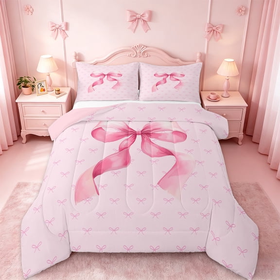 jejeloiu Cute Bowknot Bedding Comforter Set,Ribbon Bow Twin Comforter Sets,Pink Bowtie Bedding Set For Girls,Super Cozy Bedroom Decor Reversible,2-Piece
