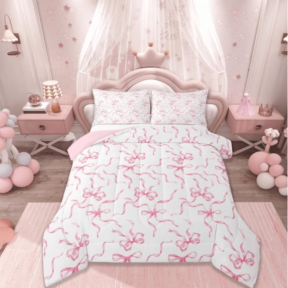 jejeloiu Cute Bowknot Bedding Comforter Set,Ribbon Bow Twin Comforter Sets,Pink White Bedding Set For Girls,Super Cozy Bedroom Decor Reversible,2 Pieces