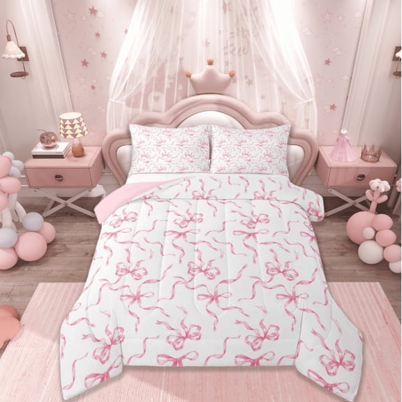 jejeloiu Cute Bowknot Bedding Comforter Set,Ribbon Bow Twin Comforter Sets,Pink White Bedding Set For Girls,Super Cozy Bedroom Decor Reversible,2 Pieces