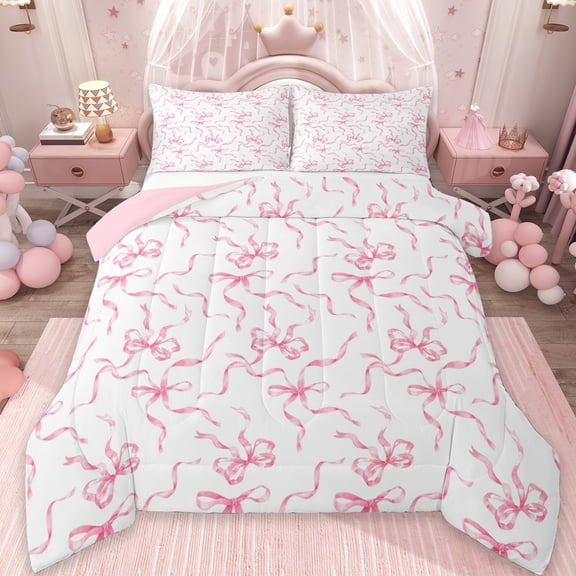 jejeloiu Cute Bowknot Bedding Comforter Set,Ribbon Bow Twin Comforter Sets,Pink White Bedding Set For Girls,Super Cozy Bedroom Decor Reversible,2 Pieces