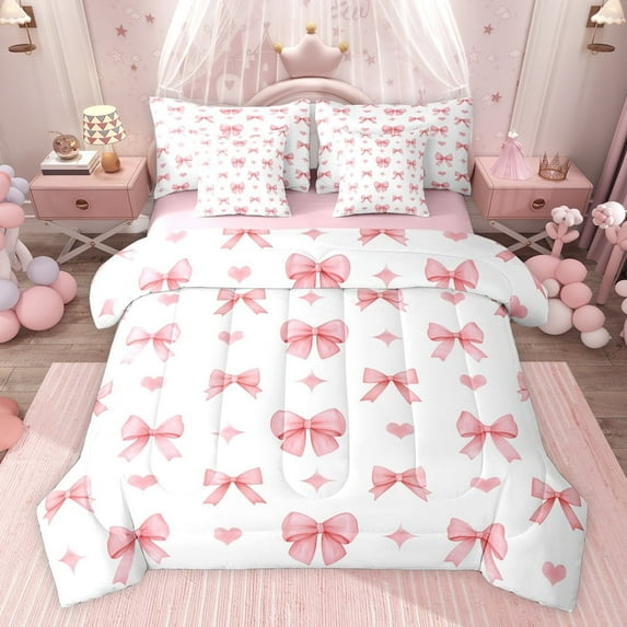 jejeloiu Cute Bowknot Bow 7 Pieces Bedding Comforter Set,Pink Bow Tie Loves Full Bedding Set For Girls Kids Reversible