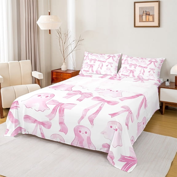 jejeloiu Cute Bowknot Bow Full Size Sheets,Cartoon Halloween Ghost Bed Sheets,Pink White Ombre Sheet Sets For Girls,Super Cozy Bedroom Decor,4-Piece