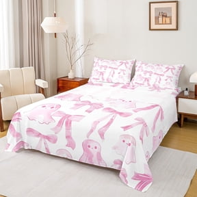 jejeloiu Cute Bowknot Bow Twin Sheet Sets,Cartoon Halloween Ghost Twin Fitted Sheet,Pink White Ombre Flat Sheet For Girls,Super Cozy Bedroom Decor,3pcs