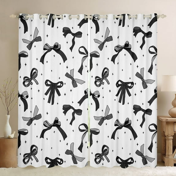 jejeloiu Cute Bowknot Curtains Pack of 2 (42x84 Each),Ribbon Bow Stars Curtains Blackout,Black White Bedroom Curtains For Girls,Super Cozy Bedroom Decor