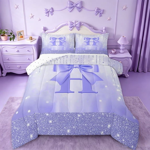 jejeloiu Cute Bowknot Full Size Comforter Sets,Letter H Print Bedding Sets For Girls Women Reversible 3-Piece