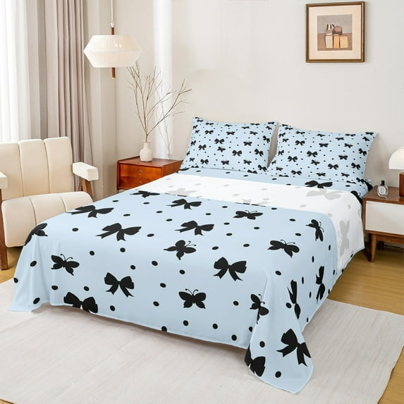 jejeloiu Cute Bowknot Full Size Sheets,Ribbon Bow Bed Sheets,Blue Black Dot Sheet Sets For Girls,Super Cozy Bedroom Decor,4pcs
