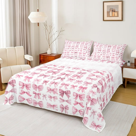 jejeloiu Cute Bowknot Full Size Sheets,Ribbon Bow Bed Sheets,Pink White Sheet Sets For Girls,Super Cozy Bedroom Decor,4pcs
