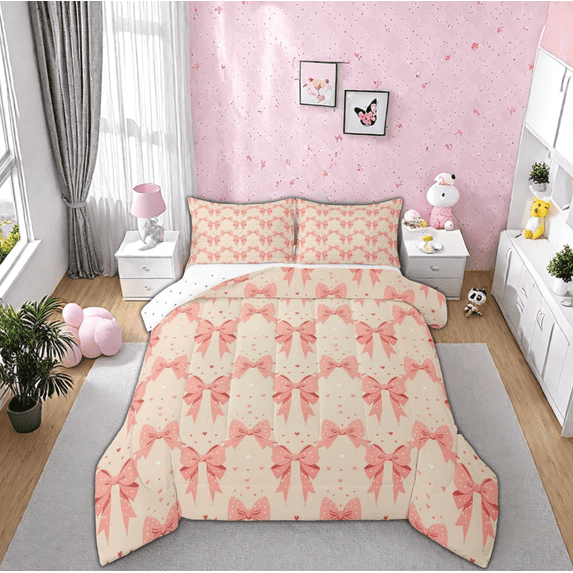 jejeloiu Cute Bowknot Heart Queen Comforter Set,Ribbon Bow Bedding Sets,Orange Beige Boetie Bedding Comforter Set For Girls,Super Cozy Bedroom Decor Reversible,3-Piece