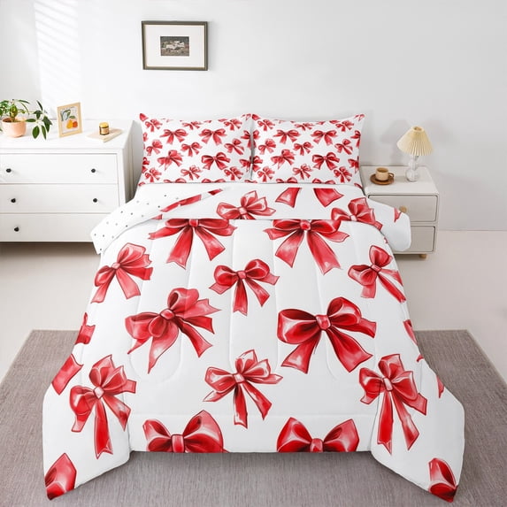 jejeloiu Cute Bowknot Queen Comforter Set,Girl Ribbon Bow Bedding Sets,Red White Bedding Comforter Set For Girls,Super Cozy Bedroom Decor Reversible,3-Piece