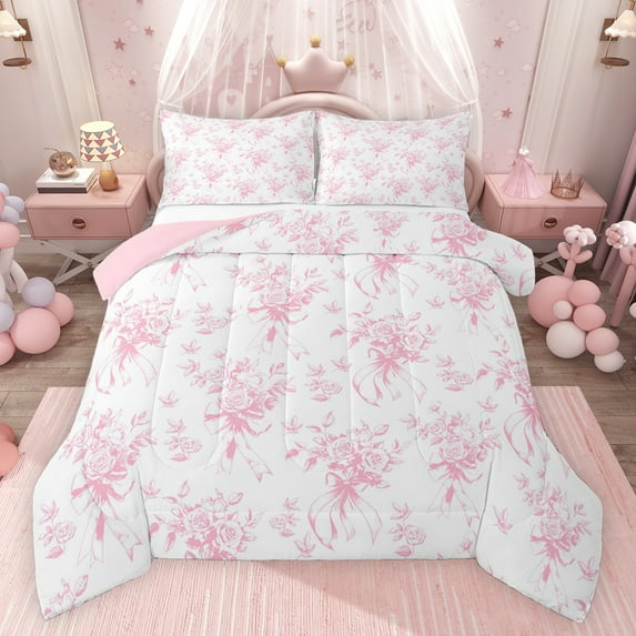 jejeloiu Cute Bowknot Ribbon Bedding Comforter Set,Vintage Flower Floral Twin Comforter Sets,White Pink Bedding Set For Girls Kids,Super Cozy Room Decor Reversible,2 Pieces