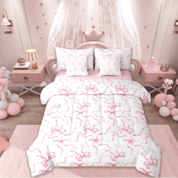 jejeloiu Cute Bowknot Twin Bedding Sets 7-Piece,Ribbon Bow Bedding Comforter Set,Pink White Sheet Sets For Girls,Super Cozy Bedroom Decor Reversible