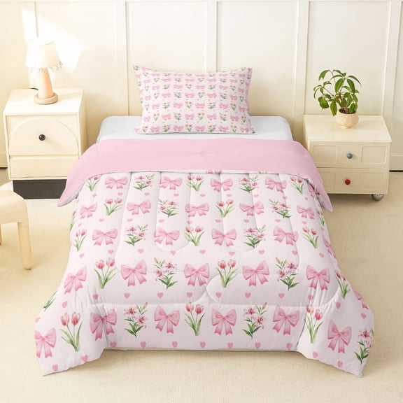 jejeloiu Cute Bowknot Twin Comforter Sets,Pink Tulip Floral Bedding Set For Girls Kids Reversible 2 Pieces