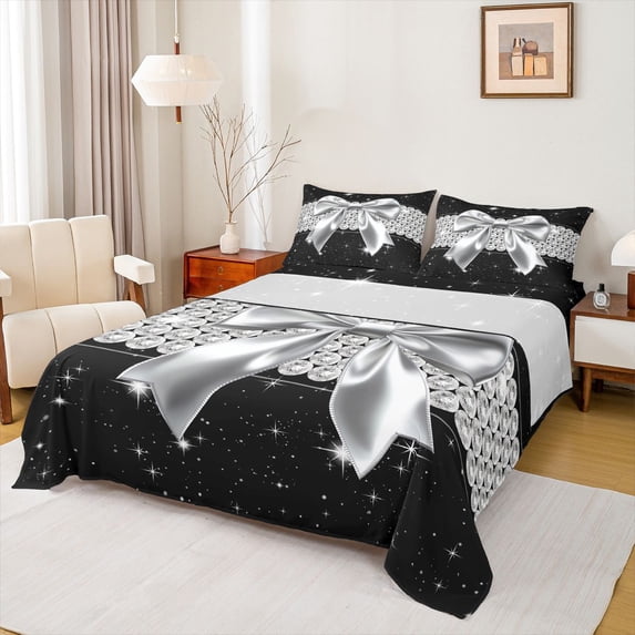 jejeloiu Cute Bowknot Twin Sheet Set,Kawaii Silver Diamond,Breathable Decor For Kids,3-Piece