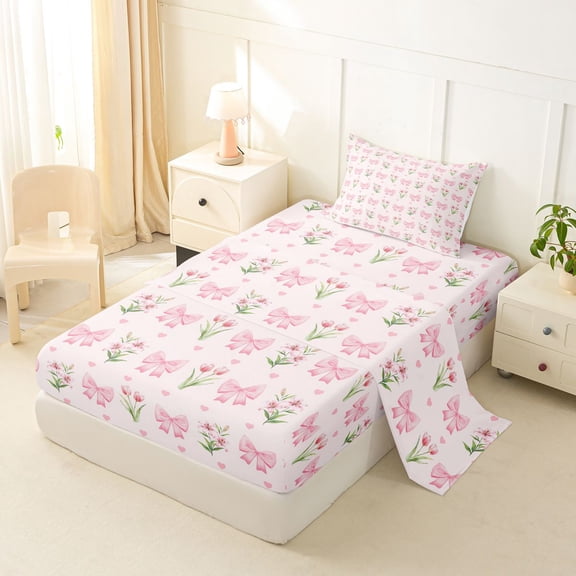 jejeloiu Cute Bowknot Twin Sheet Sets,Pink Tulip Floral Bedding For Girls Kids 3 Pieces