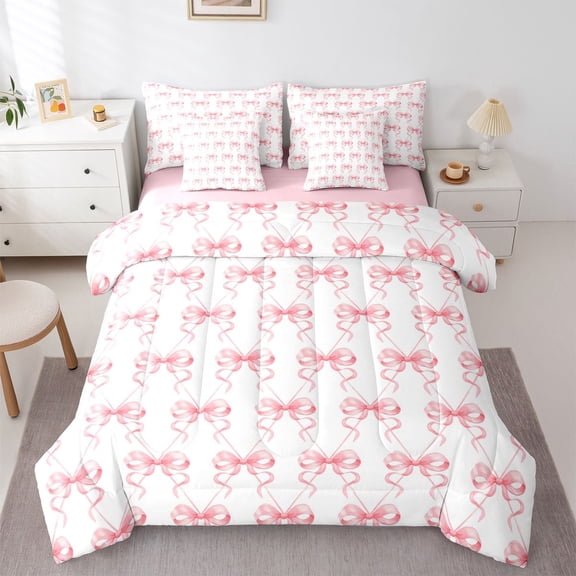 jejeloiu Cute Bows 7-Piece Twin Bedding Sets,Pink White Bedding Comforter Set For Bowknot Lover Reversible