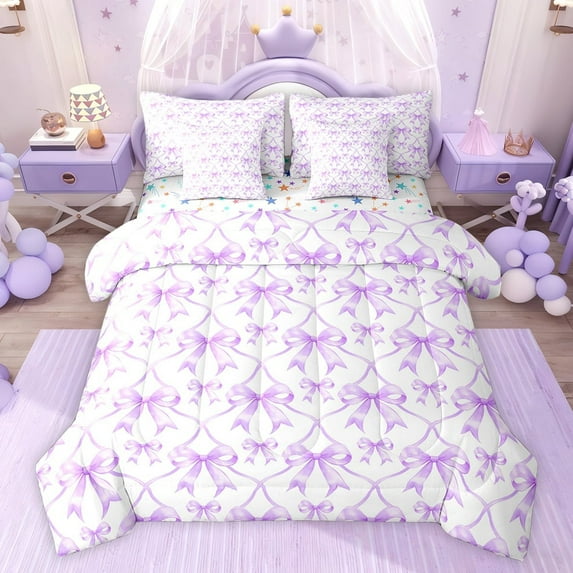 jejeloiu Cute Bows 7-Piece Twin Bedding Sets,Purple White Bedding Comforter Set For Bowknot Lover Reversible