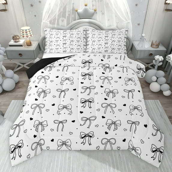 jejeloiu Cute Bows Bowtie Queen Comforter Set,Black White Bedding Comforter Set For Bowknot Lover Reversible 3 Pieces