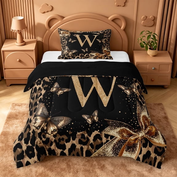 Catabedysis Cute Bows Letter W Twin Comforter Sets For Girl,Safari Animals Cheetah Pattern Bedding Set,Black Reversible,2pcs,1 Comforter and 1 Pillowcase