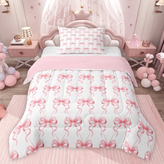 jejeloiu Cute Bows Twin Comforter Sets,Pink White Bedding Set For Bowknot Lover Reversible 2pcs