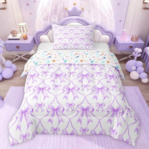 jejeloiu Cute Bows Twin Comforter Sets,Purple White Bedding Set For Bowknot Lover Reversible 2-Piece