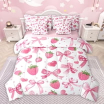 jejeloiu Cute Bowtie Bow 7-Piece Twin Bedding Sets,Sweet Strawberry Fruit Bedding Comforter Set,Pink Bowknot Sheet Sets For Girls Kids,Super Cozy Room Decor Reversible
