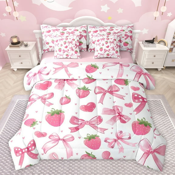 jejeloiu Cute Bowtie Bow 7-Piece Twin Bedding Sets,Sweet Strawberry Fruit Bedding Comforter Set,Pink Bowknot Sheet Sets For Girls Kids,Super Cozy Room Decor Reversible