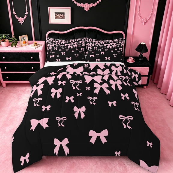 jejeloiu Cute Bowtie Bow Bedding Comforter Set,Kawaii Bowknot Twin Comforter Sets,Pink Black Bedding Set For Children,Breathable Home Decor Reversible,2-Piece