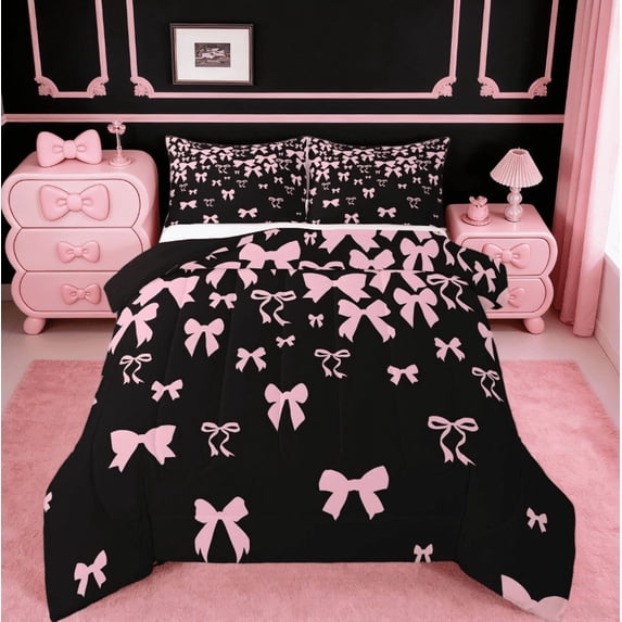 jejeloiu Cute Bowtie Bow Full Size Comforter Sets,Kawaii Bowknot Bedding Comforter Set,Pink Black Bedding Sets For Children,Breathable Home Decor Reversible,3 Pieces