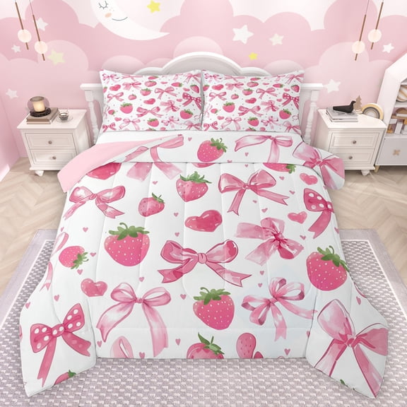 jejeloiu Cute Bowtie Bow Queen Comforter Set,Sweet Strawberry Fruit Bedding Sets,Pink Bowknot Bedding Comforter Set For Girls Kids,Super Cozy Room Decor Reversible,3-Piece