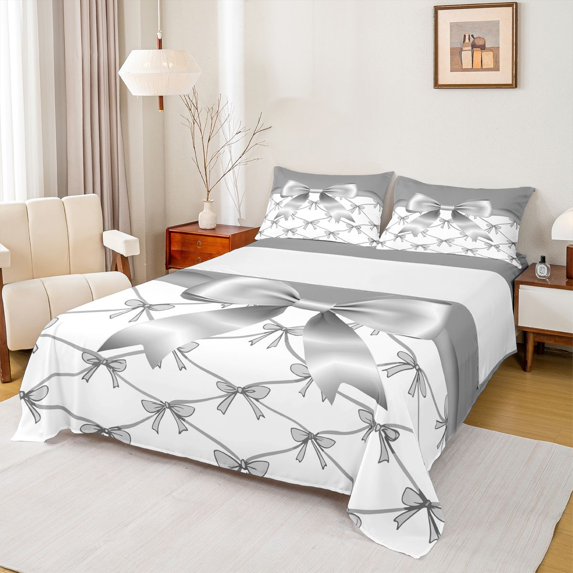 jejeloiu Cute Bowtie Bow Queen Sheet Sets,Gray Bowknot Bed Set For Girls Kids 4 Pieces