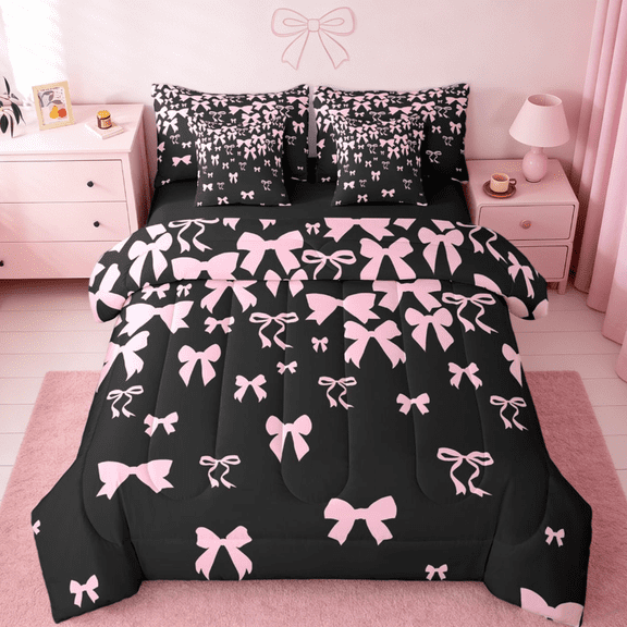 jejeloiu Cute Bowtie Bow Twin Bedding Sets 7-Piece,Kawaii Bowknot Bedding Comforter Set,Pink Black Sheet Sets For Children,Breathable Home Decor Reversible