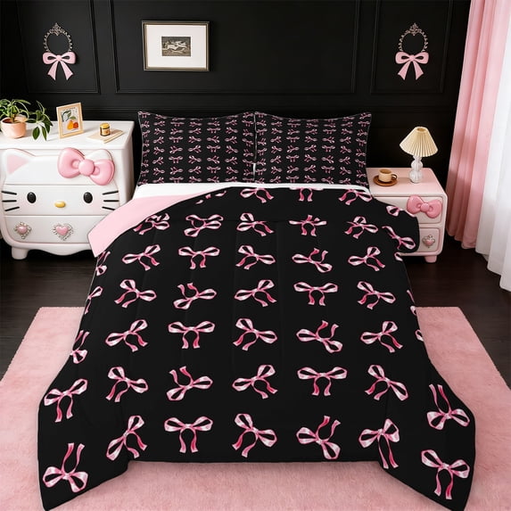 jejeloiu Cute Bowtie Print Full Size Comforter Sets,Black Pink Bedding Sets For Kids Reversible 3 Pieces