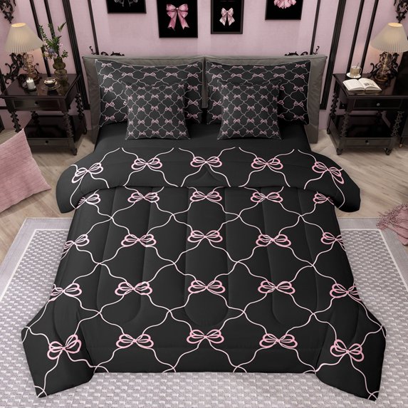 jejeloiu Cute Bowtie Ribbon 7pcs Bedding Comforter Set,Cartoon Bow Knot Queen Bedding Sets,Pink Black Queen Sheet Sets For Girls,Super Cozy Room Decor Reversible