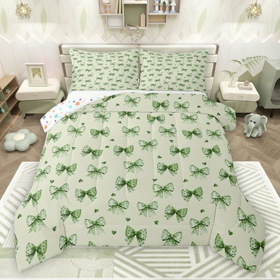 jejeloiu Cute Bowtie Ribbon Bedding Comforter Set,Cartoon Bow Knot Twin Comforter Sets,Green Loves Dot Bedding Set For Girls,Super Cozy Room Decor Reversible,2-Piece