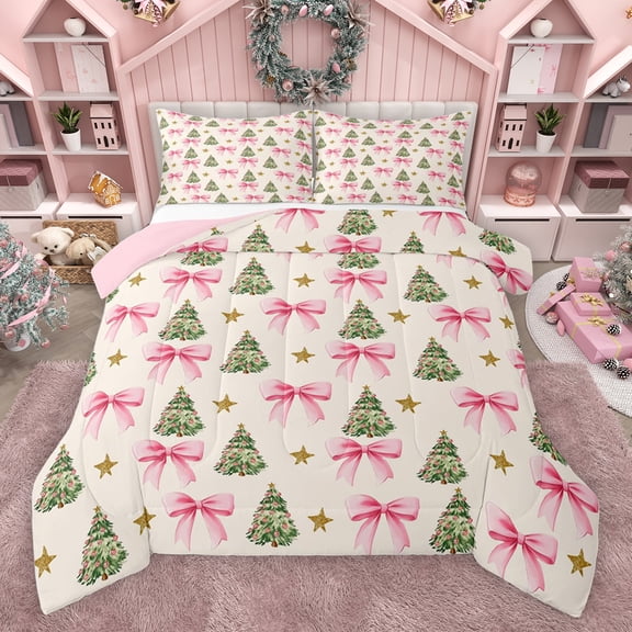 jejeloiu Cute Bowtie Ribbon Bedding Comforter Set,Chic Xmas Tree Twin Comforter Sets,Happy New Year Bedding Set For Girl,Luxury Bedroom Decor Reversible,2pcs
