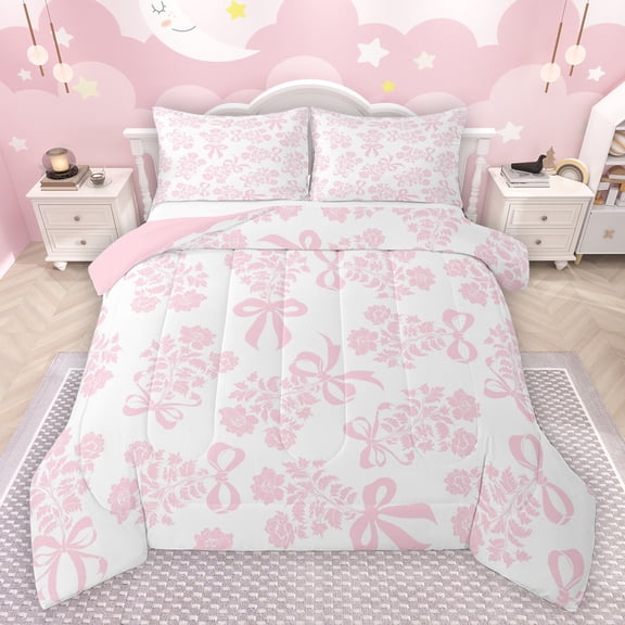 jejeloiu Cute Bowtie Ribbon Bedding Comforter Set,Retro Flowers Twin Comforter Sets,Pink Bow Knot Bedding Set For Girls Kids,Breathable Home Decor Reversible,2 Pieces