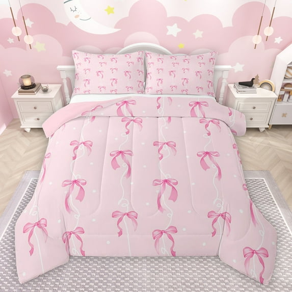jejeloiu Cute Bowtie Ribbon Full Size Comforter Sets,Cartoon Bow Knot Bedding Comforter Set,Pink Circle Dots Bedding Sets For Girls,Super Cozy Room Decor Reversible,3 Pieces