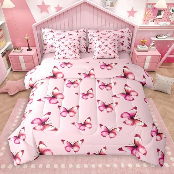 jejeloiu Cute Butterflies 7-Piece Bedding Comforter Set,Cartoon Butterfly King Bedding Sets,Girls Pink Bed Sheets For Princess,Super Cozy Room Decor Reversible